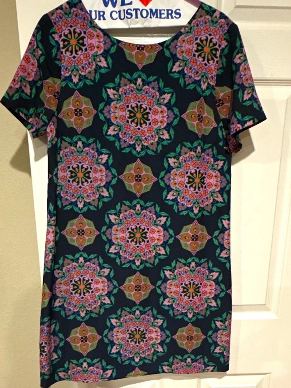 J. Crew Black Mini Dress with Pink, Green & Purple Medallion Print